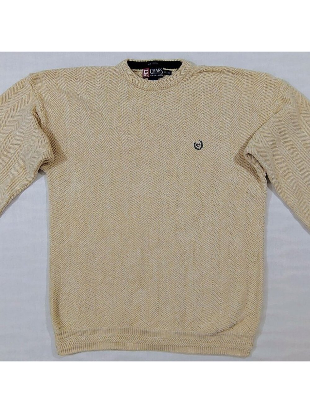 Chaps Ralph Lauren Crewneck Sweater Mens XL Ivory Hand Framed Herringbone Knit